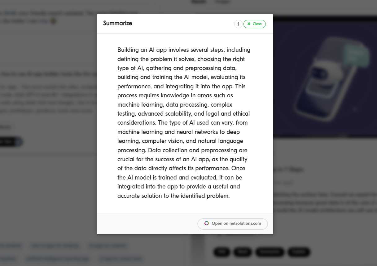Image shows summarization of article in Andisearch