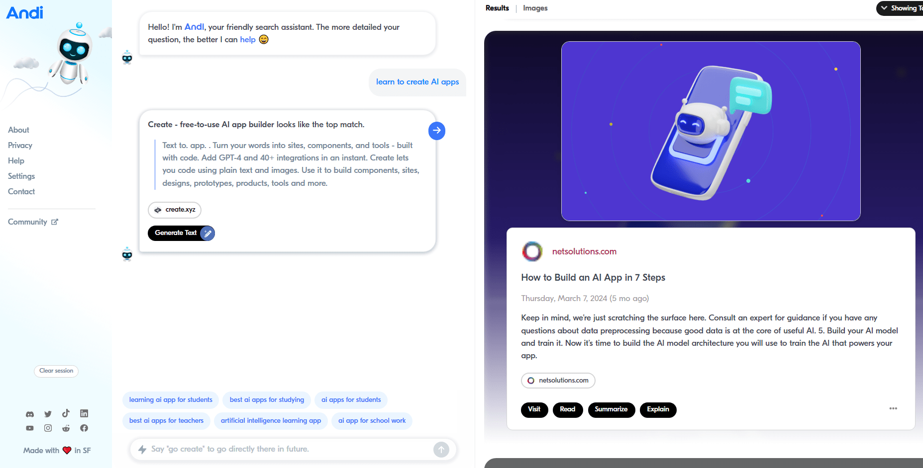 Interface of Andi AI search